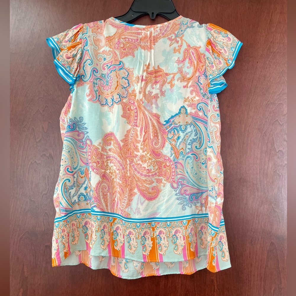 Rose + Olive Paisley Ruffle Sleeve Blouse With Tassel Tie Size Medium - Picture 2 of 3